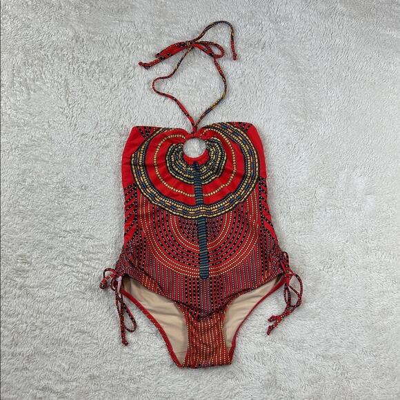 Mara Hoffman orange mandala halter tie one piece swimsuit, size med - Picture 1 of 7